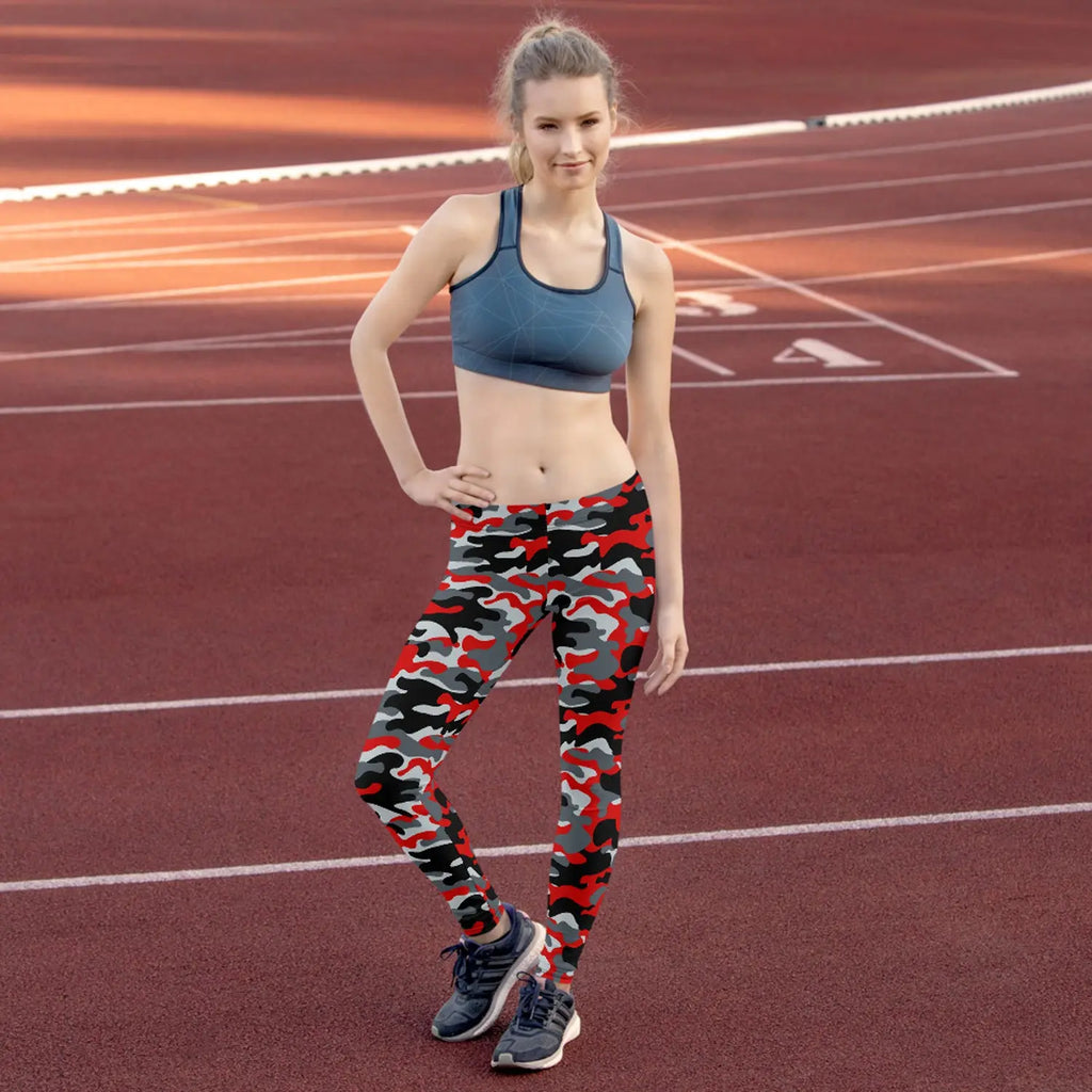 Red and Gray Camo Leggings for Women Maroon Sooty