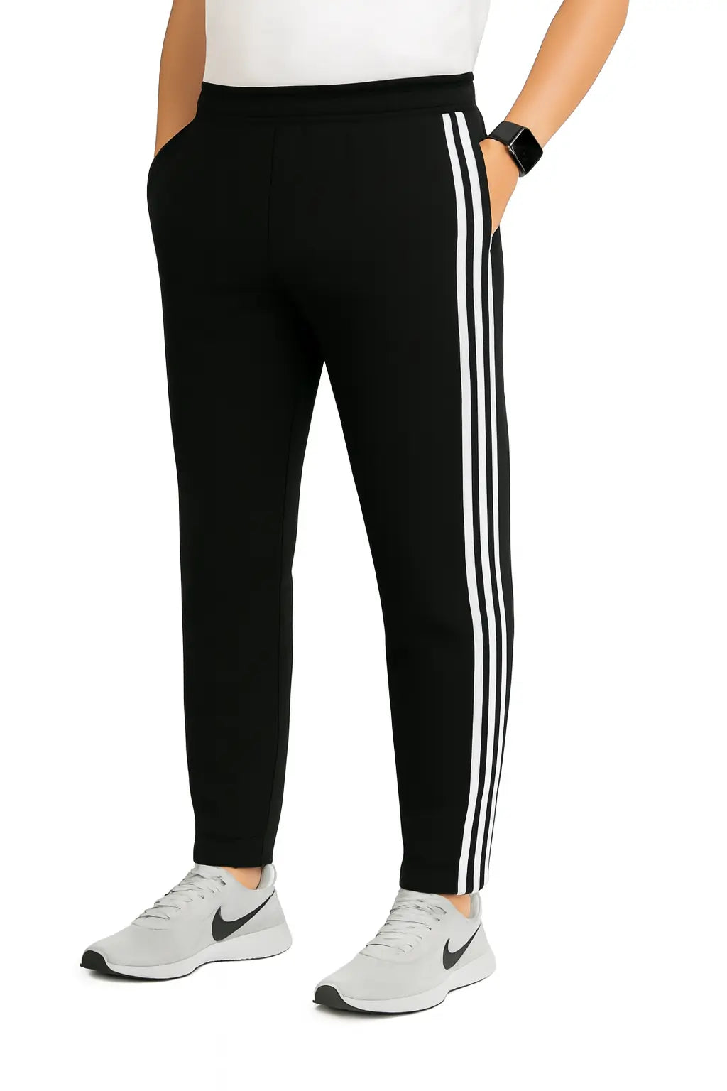 Men’s Black Athletic Track Pants with White Side Stripes – Tapered Fit - PalmSanté